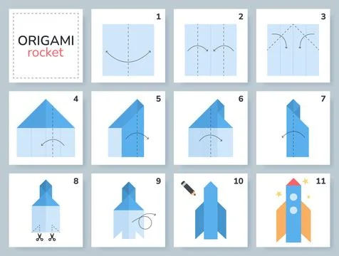 Origami tutorial for kids. Origami cute rocket. Illustrazione stock