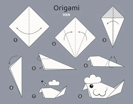 Origami tutorial for kids. Origami cute hen. Stock Illustration