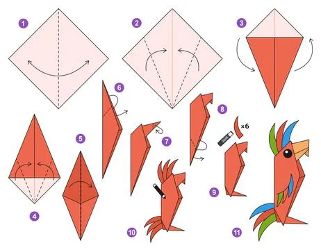Origami tutorial for kids. Origami cute parrot. Ilustração Stock