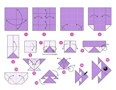 Origami tutorial for kids. Origami cute fish. 스톡 일러스트