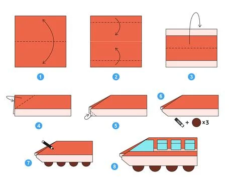 Origami tutorial for kids. Origami cute train. Stockillustratie