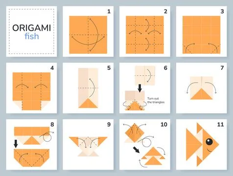 Origami tutorial for kids. Origami cute fish. Stock Illustration