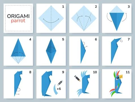 Origami tutorial for kids. Origami cute parrot. Illustrazione stock