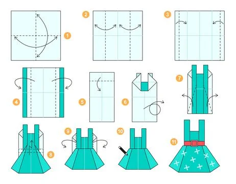 Origami tutorial for kids. Origami cute dress. Stock Illustration