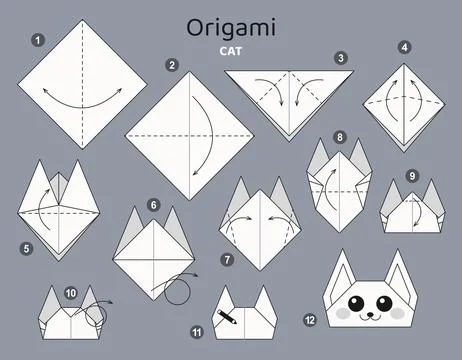 Origami tutorial for kids. Origami cute cat. Illustrazione stock