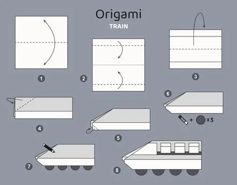 Origami tutorial for kids. Origami cute train. Illustrazione stock