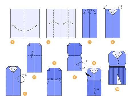 Origami tutorial for kids. Paper blouse and skirt. Stockillustratie