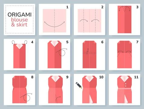 Origami tutorial for kids. Paper blouse and skirt. Stockillustratie