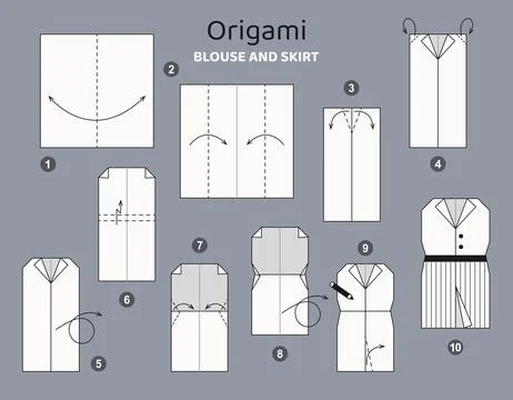 Origami tutorial for kids. Paper blouse and skirt. Stockillustratie