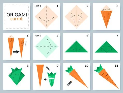 Origami tutorial for kids. Paper carrot. Stock Illustration