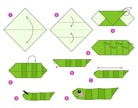 Origami tutorial for kids. Paper caterpillar. 스톡 일러스트