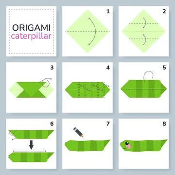 Origami tutorial for kids. Paper caterpillar. Illustrazione stock