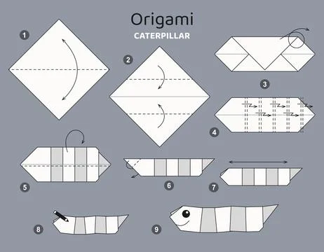 Origami tutorial for kids. Paper caterpillar. Stock Illustration