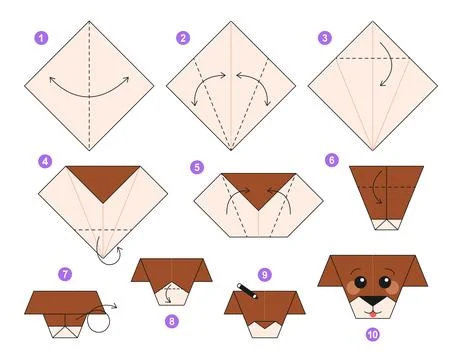 Origami tutorial for kids. Paper cute dog. Illustrazione stock