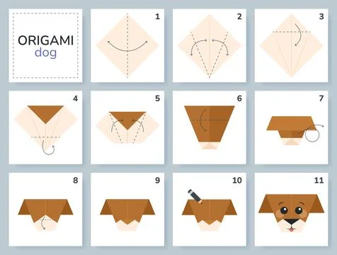 Origami tutorial for kids. Paper cute dog. Ilustração Stock
