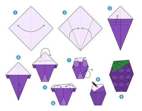 Origami tutorial for kids. Paper grape. Illustrazione stock