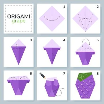 Origami tutorial for kids. Paper grape. Illustrazione stock