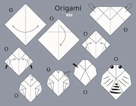 Origami tutorial. Origami scheme Bee for kids . Ilustración de archivo