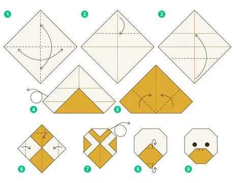 Origami tutorial. Origami scheme for kids. Duck. Ilustración de archivo