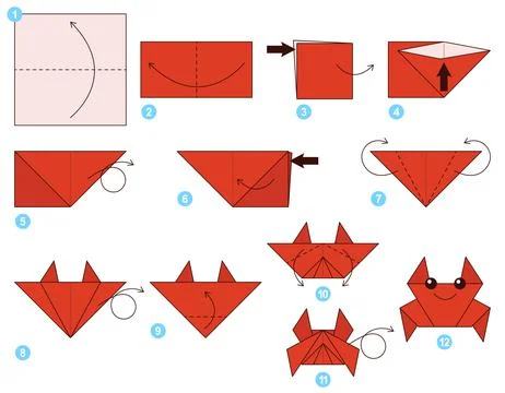 Origami tutorial. Origami scheme for kids Crab. Ilustración de archivo