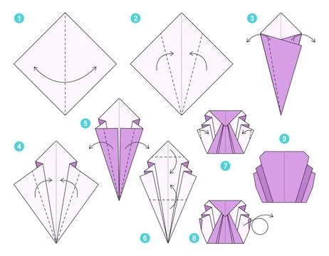 Origami tutorial. Origami scheme for kids Shell. Ilustración de archivo