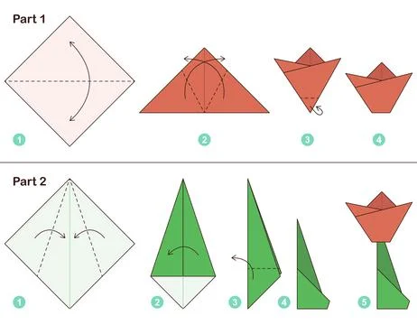 Origami tutorial. Origami scheme for kids Tulip. 스톡 일러스트