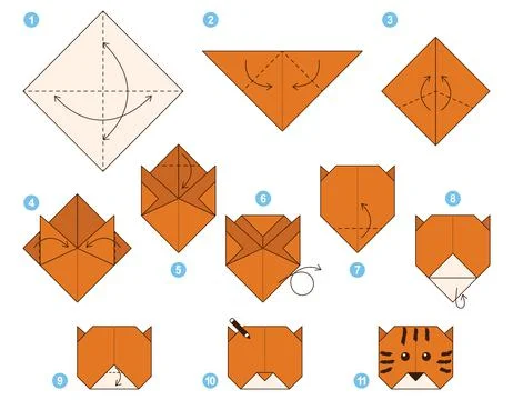Origami tutorial. Origami scheme for kids. Tiger. Ilustración de archivo