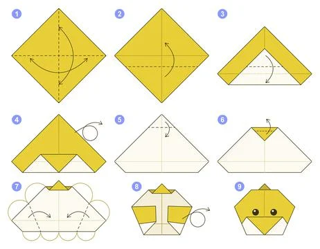 Origami tutorial. Origami scheme for kids. Chick. Ilustración de archivo