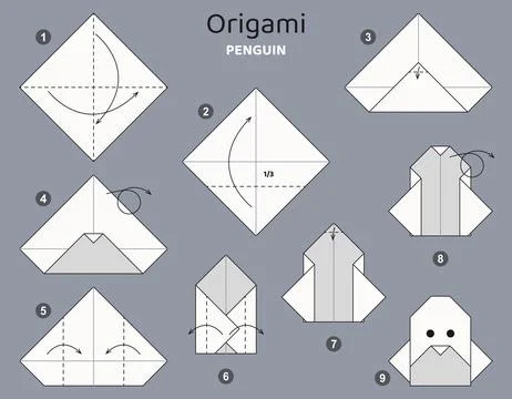 Origami tutorial. Origami scheme for kids. Penguin Ilustración de archivo