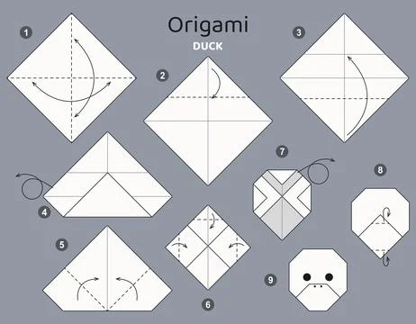 Origami tutorial. Origami scheme for kids. Duck Ilustración de archivo