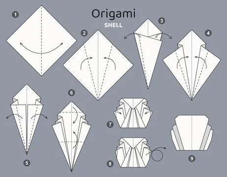 Origami tutorial. Origami scheme for kids Shell. 스톡 일러스트