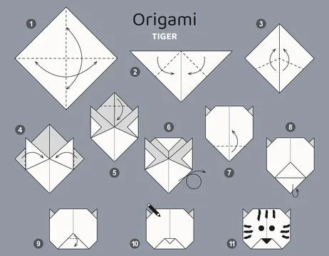 Origami tutorial. Origami scheme for kids Tiger 스톡 일러스트