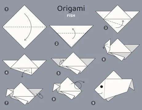 Origami tutorial. Origami scheme for kids Fish. Stock Illustration