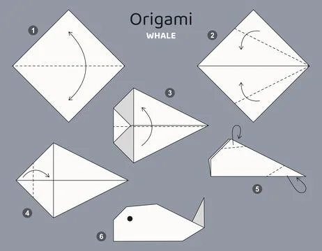 Origami tutorial. Origami scheme for kids Whale. Stock Illustration