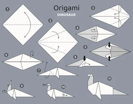 Origami tutorial. Origami scheme for kids dinosaur Ilustración de archivo