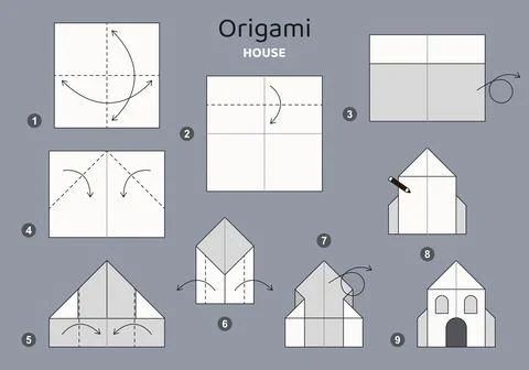 Origami tutorial. Origami scheme for kids House 스톡 일러스트