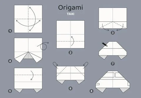 Origami tutorial. Origami scheme for kids Taxi. Ilustración de archivo