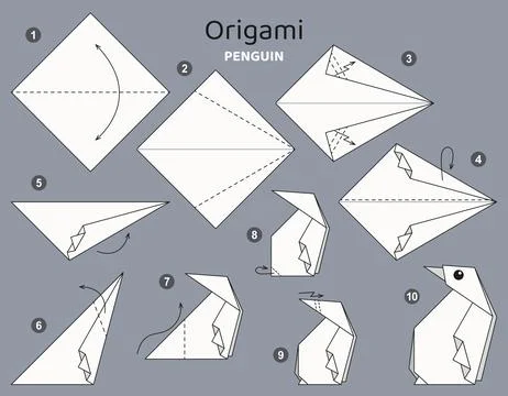 Origami tutorial. Origami scheme penguin for kids. Ilustración de archivo