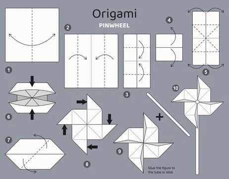 Origami tutorial. Origami scheme Pinwheel for kids . 스톡 일러스트