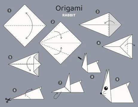 Origami tutorial. Origami scheme Rabbit for kids . Ilustración de archivo