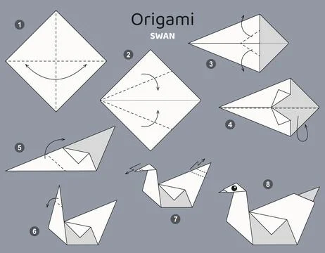 Origami tutorial. Origami scheme Swan for kids . Ilustración de archivo