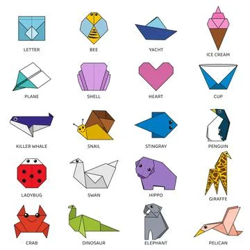 Origami vector set of different colorful objects. Stockillustratie
