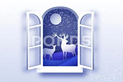 Origami window frame. Deer family in paper cut style. Merry Christmas Greeting Stock Illustration