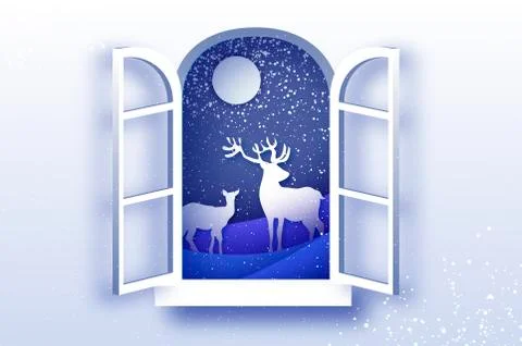 Origami window frame. Deer family in paper cut style. Merry Christmas Greeting Stock Illustration