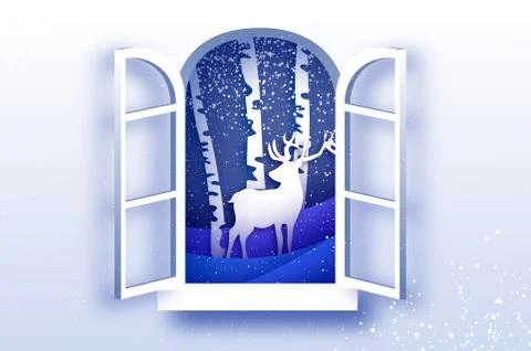 Origami window frame. Deer in paper cut style. Merry Christmas Greeting card Stock Illustration