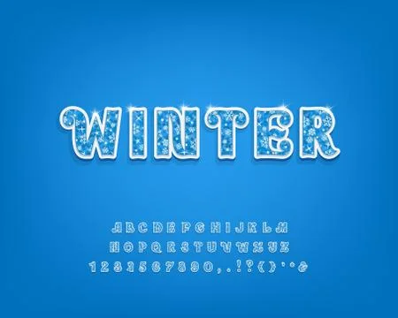 Original 3D alphabet. Blue vector font with frosty texture, snowflakes decor and Stock Illustration