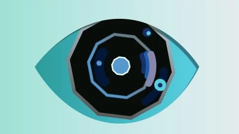An original 3d rendering of an artificial eye with an octagonal blue pupil, b Stock Illustration