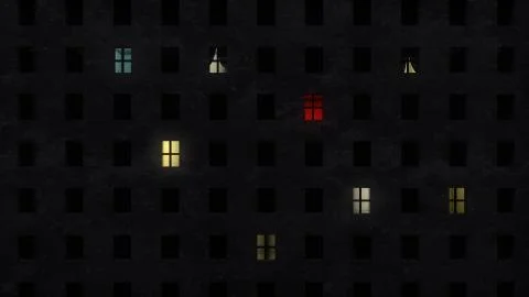 Original 3d rendering of a red window in a dark ghetto multistory building. S Illustrazione stock