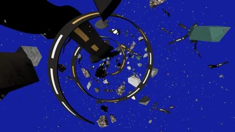 Original 3d rendering of a wide black stripe wriggling among stones flying in Illustrazione stock