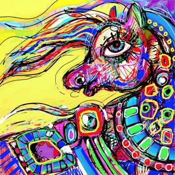 Original abstract digital drawing of colored head horse Stock Illustration